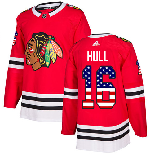 Adidas Blackhawks #16 Bobby Hull Red Home Authentic USA Flag Stitched NHL Jersey - Click Image to Close